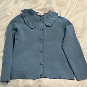 Sezane Blue Cardigan with Crochet Collar